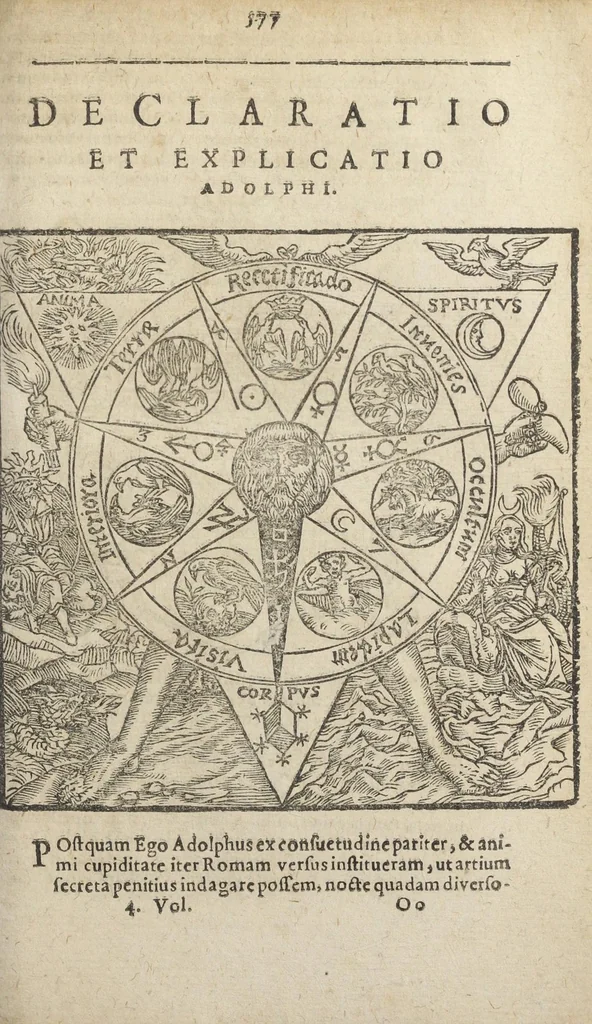 An illustration from Theatrum chemicum, præcipuos selectorum auctorum tractatus de chemiæ et lapidis philosophici antiquitate, veritate, jure, præstantia, & operationibus continens : in gratiam veræ chemiae, et medicinæ chemicæ studiosorum (ut qui uberrimam inde optimorum remediorum messem facere potuerunt) congestum, & in tres partes seu volumina digestum ; singulis voluminibus, suo auctorum et librorum catalogo primis pagellis : rerum verò & verborum indice postremis annexo. Volumen quartum, 1613, leaf 593