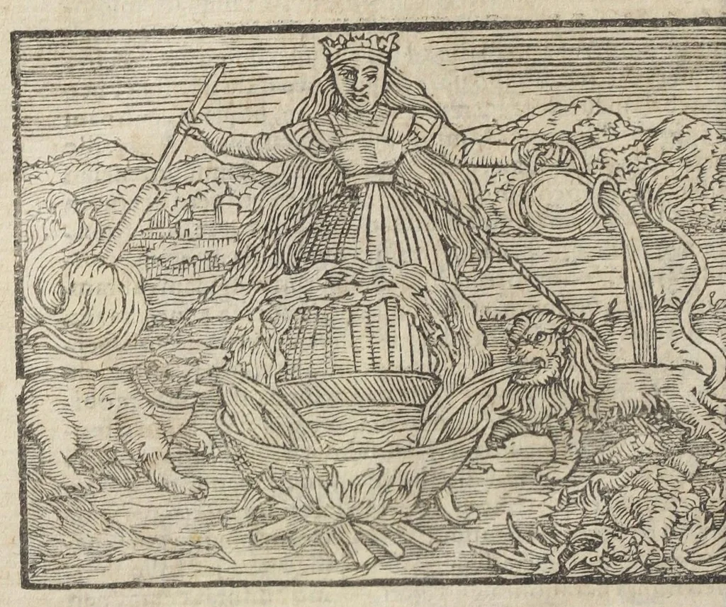 An illustration from Theatrum chemicum, præcipuos selectorum auctorum tractatus de chemiæ et lapidis philosophici antiquitate, veritate, jure, præstantia, & operationibus continens : in gratiam veræ chemiae, et medicinæ chemicæ studiosorum (ut qui uberrimam inde optimorum remediorum messem facere potuerunt) congestum, & in tres partes seu volumina digestum ; singulis voluminibus, suo auctorum et librorum catalogo primis pagellis : rerum verò & verborum indice postremis annexo. Volumen quartum, 1613, leaf 596