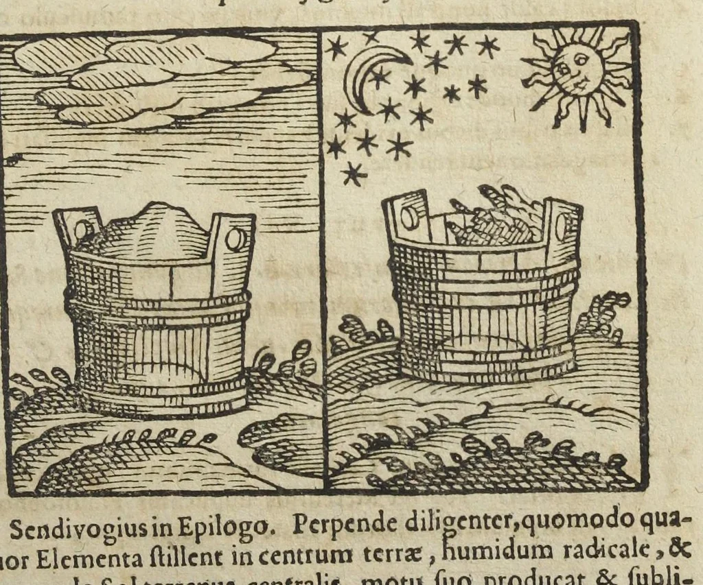 An illustration from Theatri chemici volumen sextum, theologies, medicis, et tam vulgaribus quam hermeticæ, chemiæ studiosis utilissimum, praecipuos selectorum auctorum huius seculi tractatus de chemia & lapidis philosophici antiquitate, veritate jure præstantia & operationibus continens, ex Germanica & Gallica lingua in latinam translatum per Johannem Jacobum Heilmannum bipontino-palatinum M.D., 1661, leaf 437