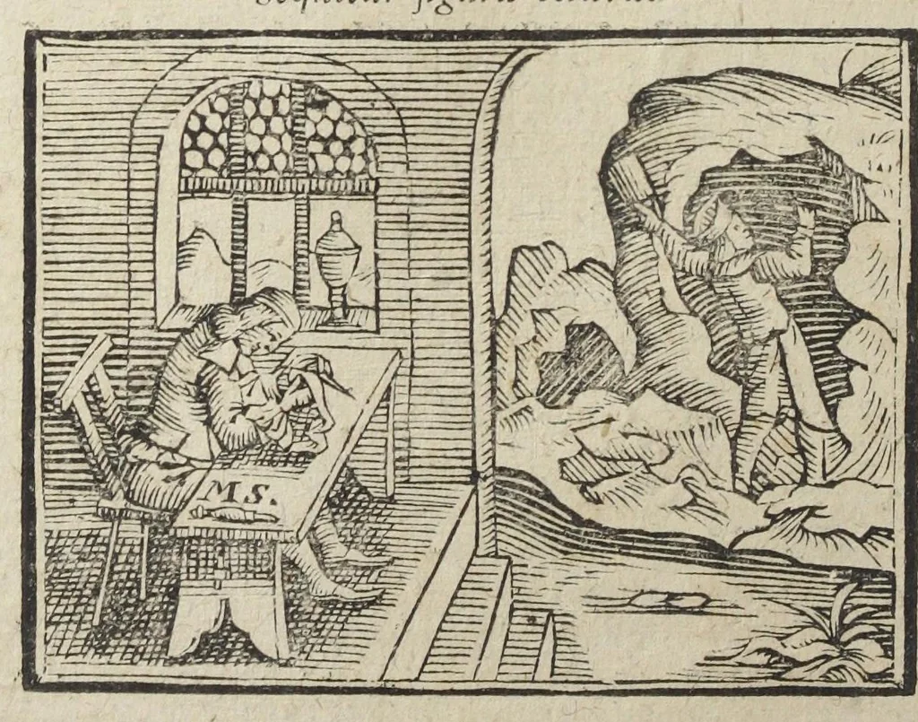 An illustration from Theatri chemici volumen sextum, theologies, medicis, et tam vulgaribus quam hermeticæ, chemiæ studiosis utilissimum, praecipuos selectorum auctorum huius seculi tractatus de chemia & lapidis philosophici antiquitate, veritate jure præstantia & operationibus continens, ex Germanica & Gallica lingua in latinam translatum per Johannem Jacobum Heilmannum bipontino-palatinum M.D., 1661, leaf 442