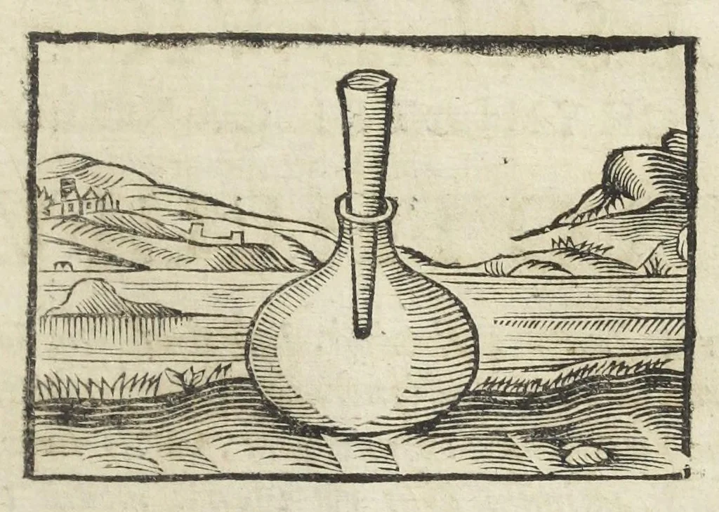 An illustration from Angeli Salæ Vicentini chymiatri candidissimi et archiatri megapolitani. Opera medico-chymica quæ extant omnia. Frustulatim hactenus diversisque linguis excusa, nunc in unum collecta latinoque idiomate edita. Editio postrema auctior & emendatior, In qua præter correctionem crassissimorum errorum plusquam mille locis commissorum in nouissima editione Francofurtensi, integra capita sparsim Gallicè aut Germanicè expressa, latinitate donata reperies. Huic ultimæ editioni accessit tractatus peculiaris Angeli Salæ de Erroribus pseudochymicorum et galenistarum, multùm desideratus, & nunquam nisi seorsim editus. Addito indice rerum & verborum locupletissimo., 1650, leaf 681