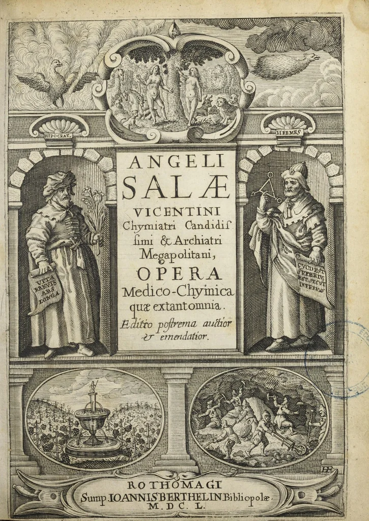 An illustration from Angeli Salæ Vicentini chymiatri candidissimi et archiatri megapolitani. Opera medico-chymica quæ extant omnia. Frustulatim hactenus diversisque linguis excusa, nunc in unum collecta latinoque idiomate edita. Editio postrema auctior & emendatior, In qua præter correctionem crassissimorum errorum plusquam mille locis commissorum in nouissima editione Francofurtensi, integra capita sparsim Gallicè aut Germanicè expressa, latinitate donata reperies. Huic ultimæ editioni accessit tractatus peculiaris Angeli Salæ de Erroribus pseudochymicorum et galenistarum, multùm desideratus, & nunquam nisi seorsim editus. Addito indice rerum & verborum locupletissimo., 1650, leaf 7