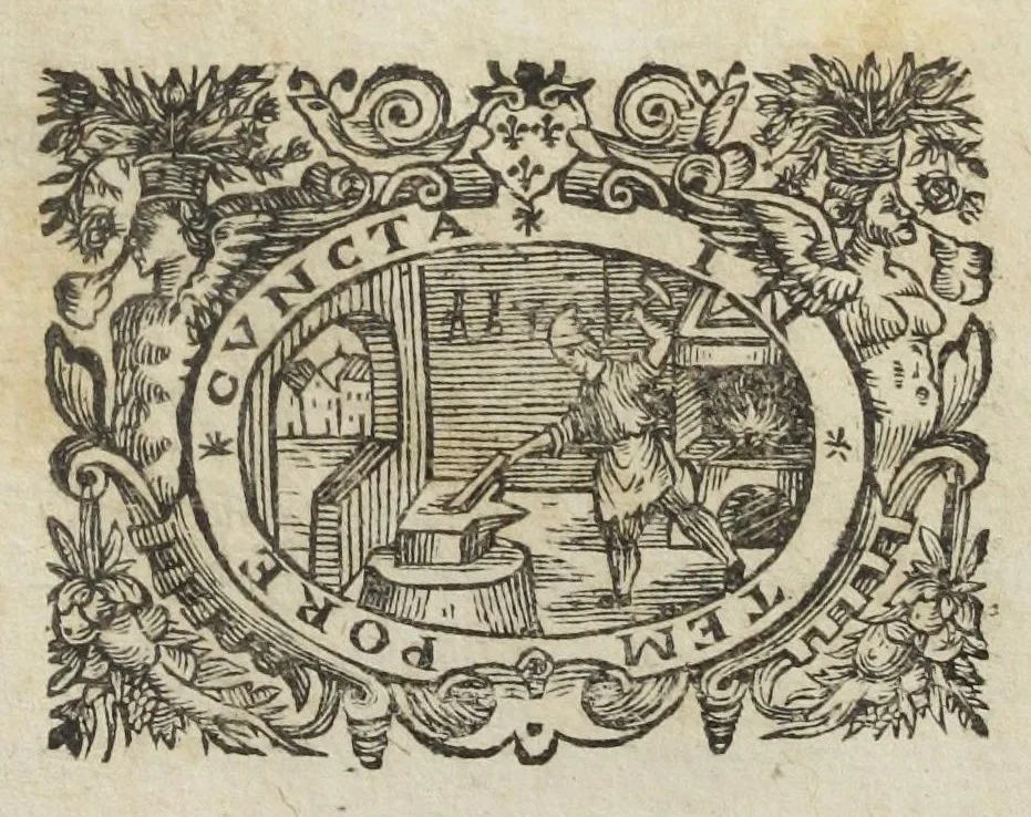 An illustration from Angeli Salæ Vicentini chymiatri candidissimi et archiatri megapolitani. Opera medico-chymica quæ extant omnia. Frustulatim hactenus diversisque linguis excusa, nunc in unum collecta latinoque idiomate edita. Editio postrema auctior & emendatior, In qua præter correctionem crassissimorum errorum plusquam mille locis commissorum in nouissima editione Francofurtensi, integra capita sparsim Gallicè aut Germanicè expressa, latinitate donata reperies. Huic ultimæ editioni accessit tractatus peculiaris Angeli Salæ de Erroribus pseudochymicorum et galenistarum, multùm desideratus, & nunquam nisi seorsim editus. Addito indice rerum & verborum locupletissimo., 1650, leaf 9