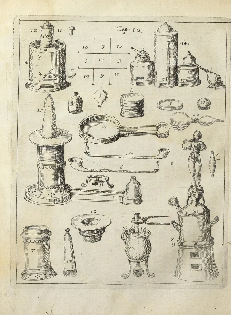 An illustration from Joannis Danielis Mylii, medicinæ candidati Operis medico-chymici pars altera. Qua continentur tres libri posteriores basilicæ chymicæ, ut & basilica philosophica, perfecta, in libros tres distributa, & figuris æneis illustrata., 1620, leaf 1418
