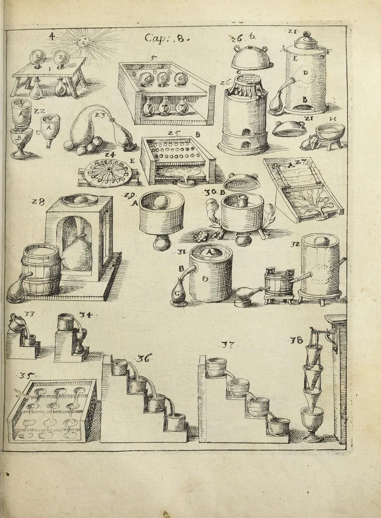 An illustration from Joannis Danielis Mylii, medicinæ candidati Operis medico-chymici pars altera. Qua continentur tres libri posteriores basilicæ chymicæ, ut & basilica philosophica, perfecta, in libros tres distributa, & figuris æneis illustrata., 1620, leaf 1421
