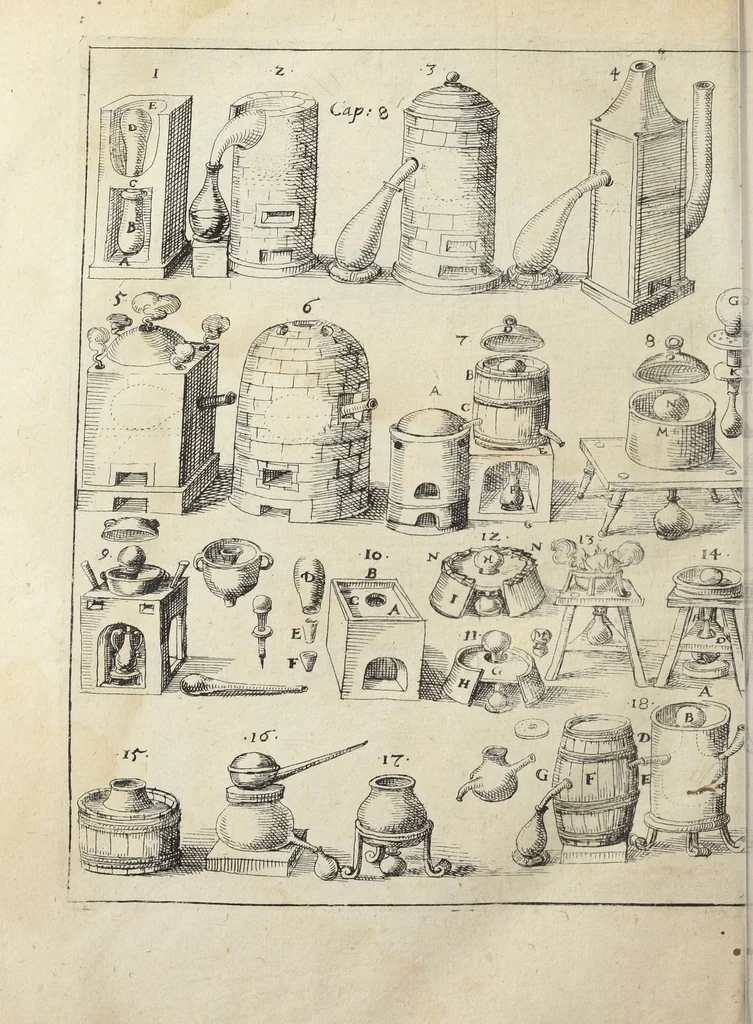 An illustration from Joannis Danielis Mylii, medicinæ candidati Operis medico-chymici pars altera. Qua continentur tres libri posteriores basilicæ chymicæ, ut & basilica philosophica, perfecta, in libros tres distributa, & figuris æneis illustrata., 1620, leaf 1428