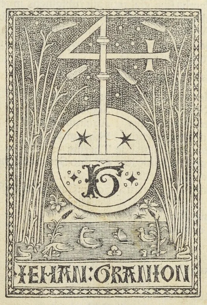 An illustration from Habes, lector studiosissime, Fancisci Marii Grapaldi opus elegantissimum ea fide eaq[ue] diligentia a nobis excussum ut vix erratum offendas cujus verborum indigestam multidinem ne lectorem quesita offenderent jam in tabulam eamq[ue] optimam optimo dictionus observato ordine redegimus. Eme igitur inco[n]tinenter & lege pensiculatius : multijuga eruditione rerum varietate concinna id etiam (michi crede) relecturus : atq[ue] voluptatem inde non parvam utilitate vero incredibilem recepturus id quod pleriq[ue] omnes & verissimu[m] ipsa lectione liquido cognoscent : & relectione procul dubiofateri ac demum aliis asseveranter praedicare cogentur., 1511, leaf 5