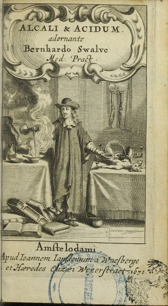 An illustration from Alcali et acidum, sive naturæ et artis instrumenta pugilica, per Neochmum et Palæphatum hinc inde ventilata, et praxi medicæ superstructæ præmissa. Adornante Bernhardo Swalve, med. D. & Collegii Frisiorum maritimi, civitatisque Harlinganæ ordinario., 1670, leaf 5