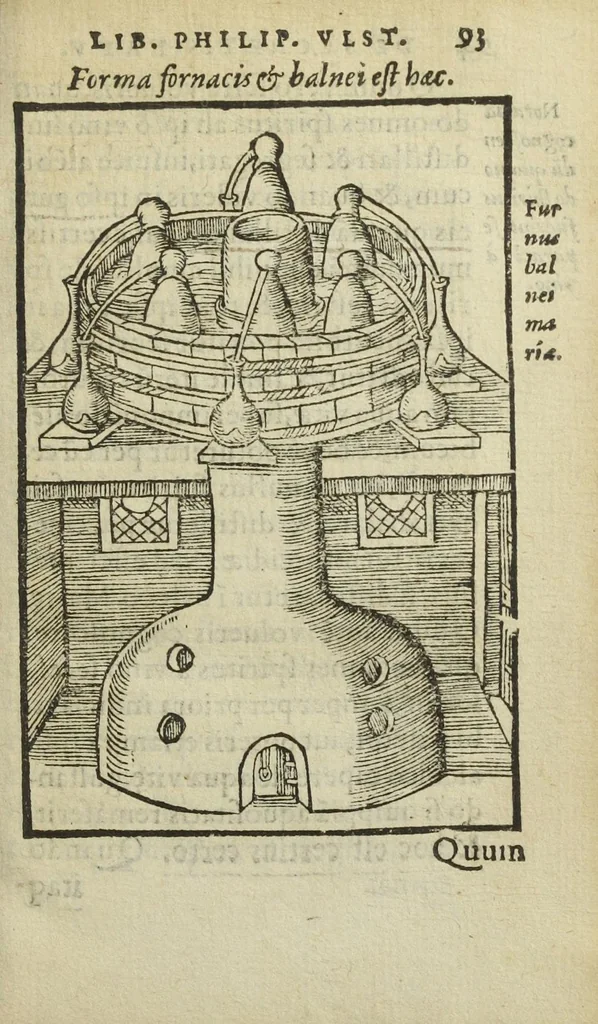 An illustration from Cœlum philosophorum, seu liber de secretis naturæ, per Philippum Ulstadium ex variis autoribus accuratè selectus, variísque figuris illustratus. Nunc recèns adjecimus Joan. Anto. Campesii Directorium summæ summarum medicinæ., 1557, leaf 95
