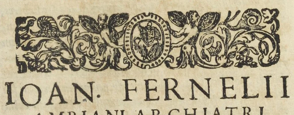 An illustration from Joannis Fernelii Neotericorum principis, et Franciæ archiatri universa medicina : a doctissimo et experientissimo medico diligenter recognita, & ab innumeris mendis & erroribus, quibus priores scatebant editiones repurgata, collatis invicem vetustissimis & optimis exemplaribus. Editio emendatissima. Addita sunt ejusdem Fernelii consilia : & Guliel. Plantii scholia in pharmacopœam seu librum therapeutices septimum., 1627, leaf 1399