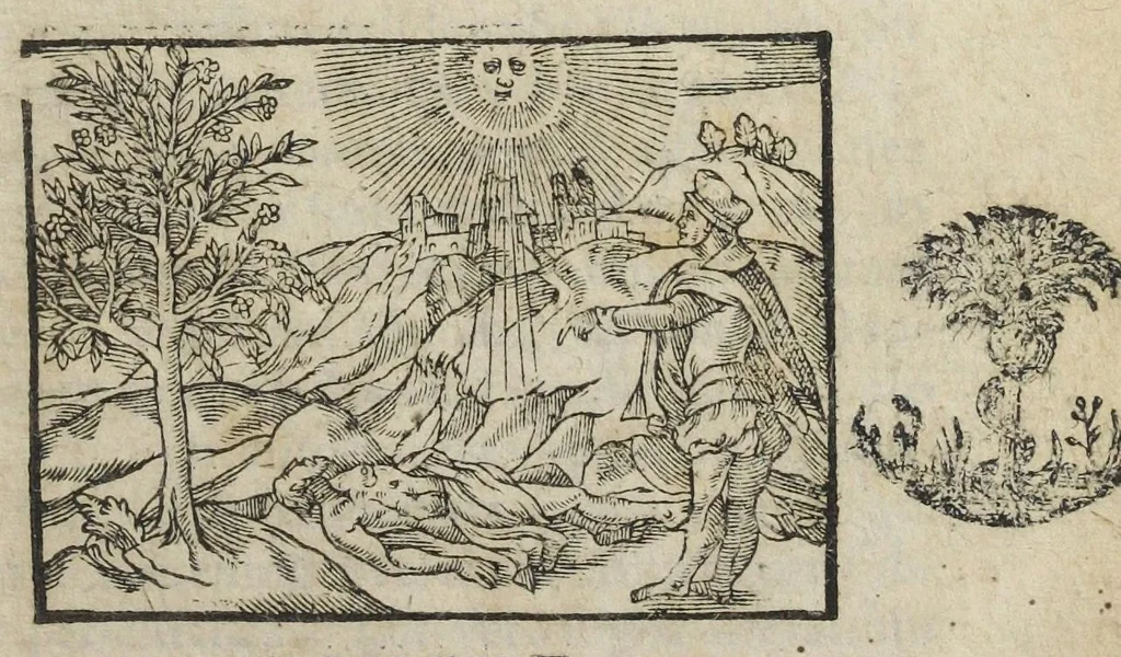 An illustration from Joannis Fernelii Neotericorum principis, et Franciæ archiatri universa medicina : a doctissimo et experientissimo medico diligenter recognita, & ab innumeris mendis & erroribus, quibus priores scatebant editiones repurgata, collatis invicem vetustissimis & optimis exemplaribus. Editio emendatissima. Addita sunt ejusdem Fernelii consilia : & Guliel. Plantii scholia in pharmacopœam seu librum therapeutices septimum., 1627, leaf 5