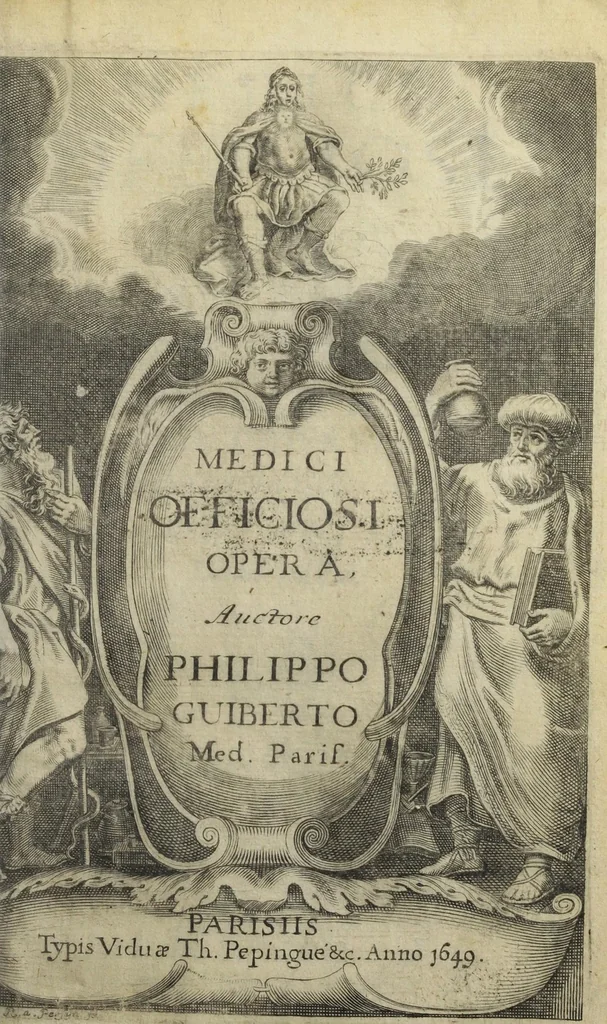 An illustration from Medici officiosi Opera, viro nobili Philib. Guiberto, doct. med. Paris. Authore ; centies antehac gallice edita, nunc primum latinè reddita., 1649, leaf 5