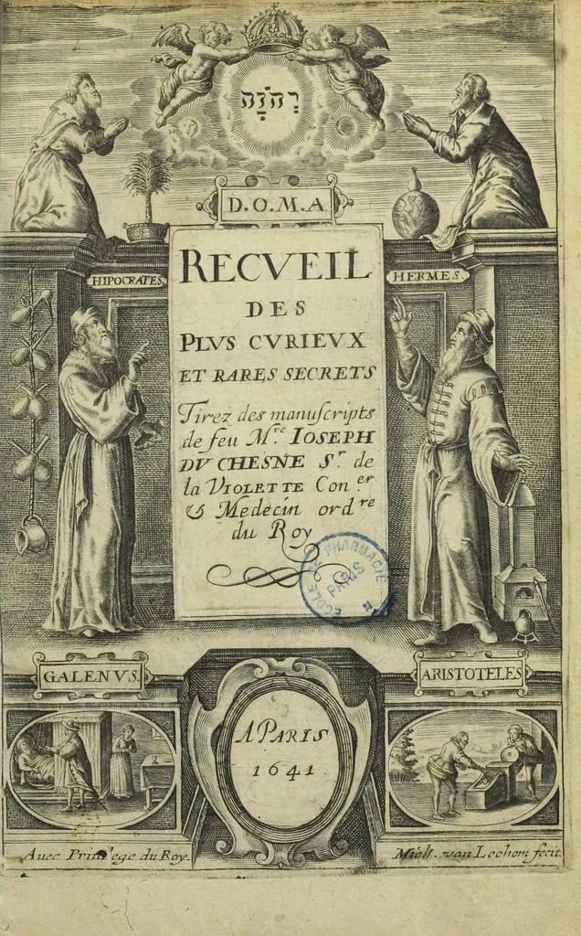 An illustration from Recueil des plus curieux et rares secrets touchant la medecine metallique & minerale tirez des manuscripts, de feu Mre Joseph Du Chesne sieur de La Violette Conseiller & medecin ordinaire du Roy., 1641, leaf 5