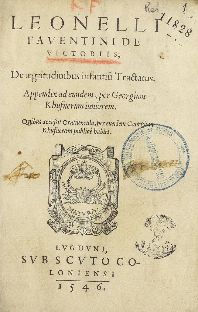 An illustration from Leonelli Faventini de Victoriis, De Aegritudinibus infantiu[m] tractatus. Appendix ad eundem, per Georgium Khufnerum juniorem. Quibus accessit Oratiuncula, per eundem Georgium Khufnerum publice habita., 1546, leaf 7