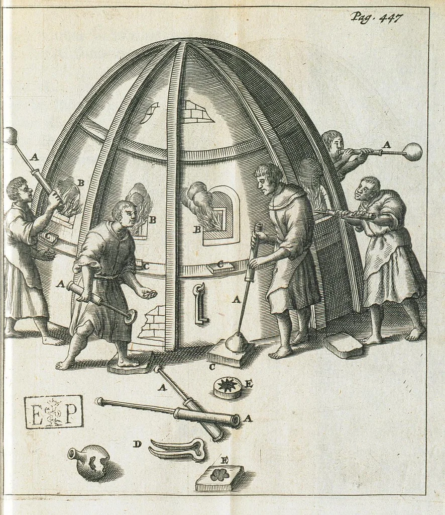 An illustration from Antoni Neri Florentini, De arte vitraria libri septem, & in eosdem Christoph. Merretti med.D. & Societ. Regiæ Socii. Observationes & notæ. In quibus omne gemmarum artificialium, encaustorum & laccarum artificium explicatur., 1668, leaf 479