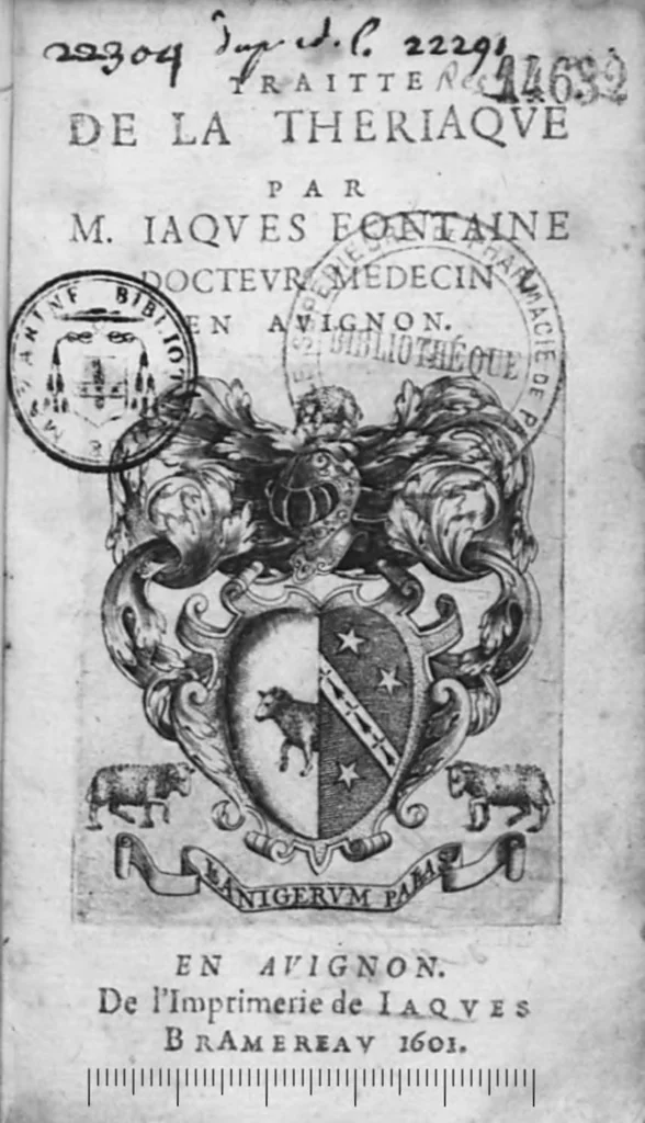 An illustration from Traitté de la thériaque..., 1601, leaf 1