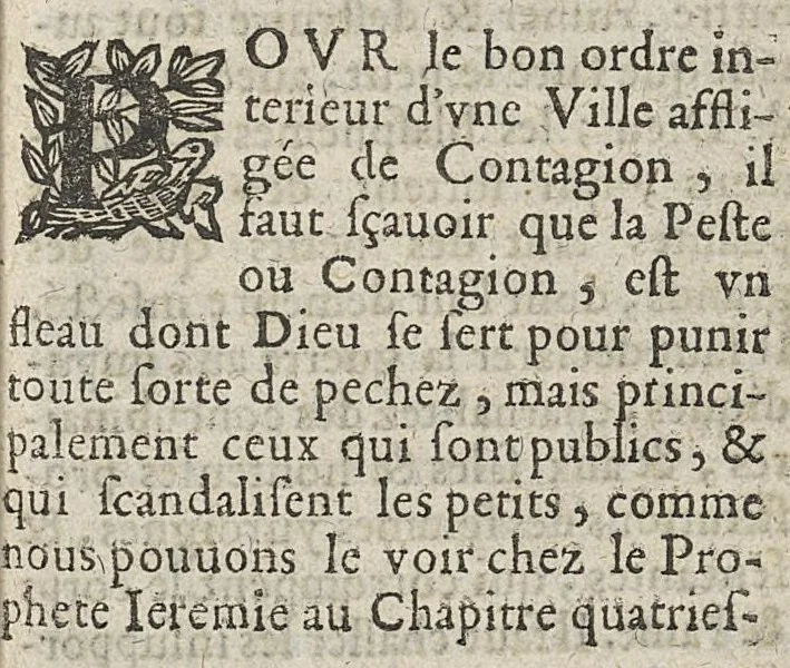 An illustration from Les Rares Secrets, ou Remèdes incomparables, universels et particuliers, préservatifs et curatifs contre la peste des hommes et des animaux dans l'ordre admirable intérieur et extérieur du désinfectement des personnes, des maisons, des animaux et des estables, communiquez au public par Maistre Arnaud Baric, prestre, 1646, leaf 22