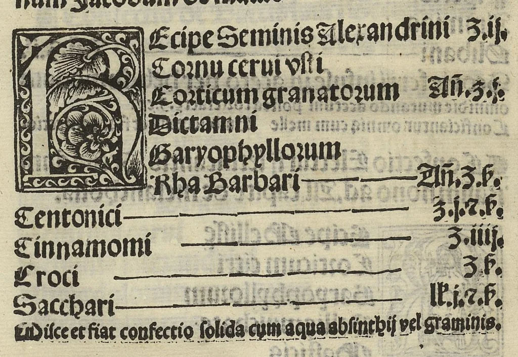 An illustration from Concordie pharmacopolarum Barcinonensium [Pharmacopée de Barcelone], 1535, leaf 79