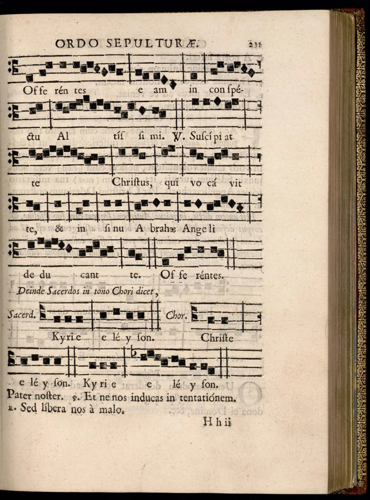 An illustration from Manuale rituum ecclesiasticorum ad usum ecclesiae et dioecesis Bajocensis. Authoritate reverendissimi in Christo Patris, ac DD. Francisci de Nesmond, episcopi Bajocensis, recognitum., 1687, leaf 260