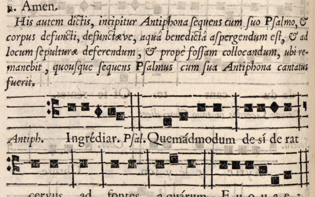 An illustration from Manuale rituum ecclesiasticorum ad usum ecclesiae et dioecesis Bajocensis. Authoritate reverendissimi in Christo Patris, ac DD. Francisci de Nesmond, episcopi Bajocensis, recognitum., 1687, leaf 261