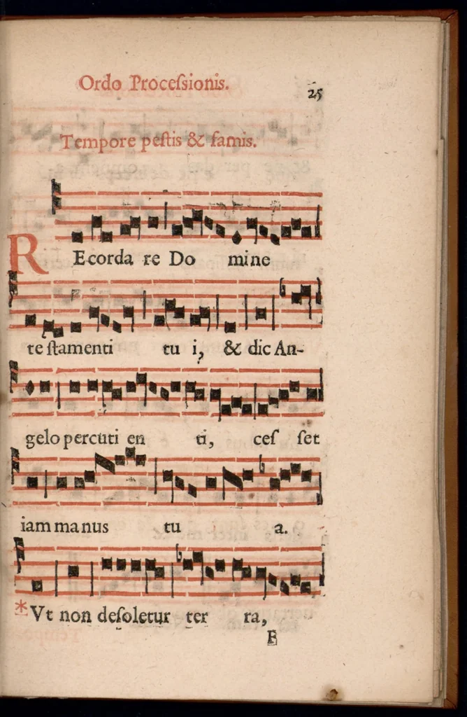 An illustration from Ordo officii divini in solemnitate S. Genovefae. Quando sacrae ejus reliquiae in processione generali deferuntur., 1652, leaf 34