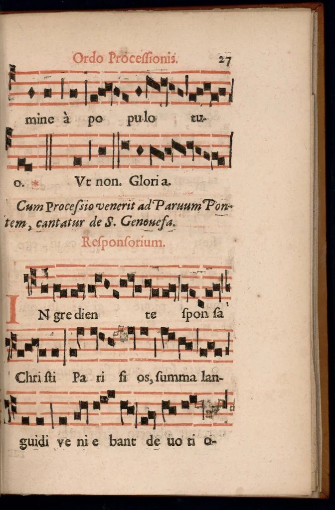 An illustration from Ordo officii divini in solemnitate S. Genovefae. Quando sacrae ejus reliquiae in processione generali deferuntur., 1652, leaf 36