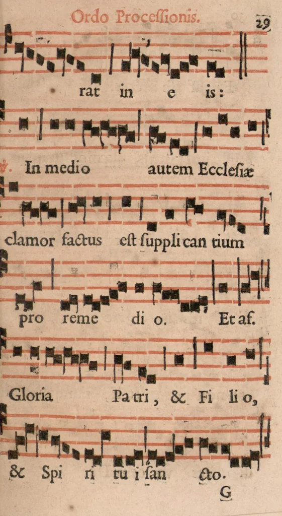 An illustration from Ordo officii divini in solemnitate S. Genovefae. Quando sacrae ejus reliquiae in processione generali deferuntur., 1652, leaf 38