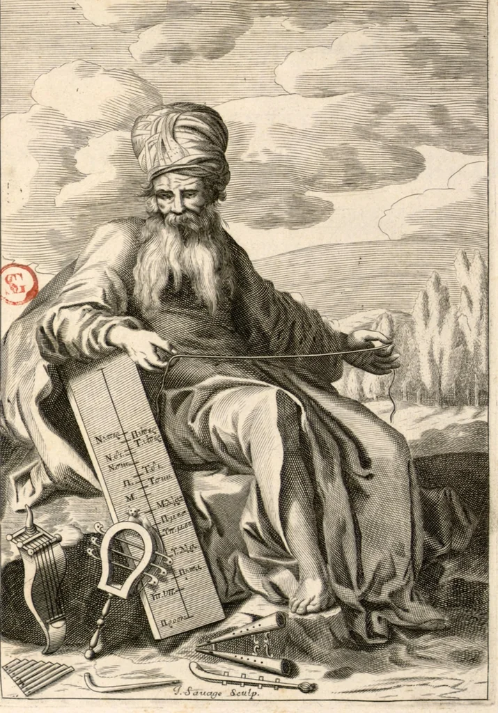 An illustration from Klaudiou Ptolemaiou Harmonikōn biblia 3 = Claudii Ptolemaei Harmonicorum libri tres. Ex codd. mss. undecim nunc primum graece editus. Johannes Wallis SS. Th. D. geometriae professor Savilianus Oxoniae Regiae societatis Londini Sodalis Regiaeque Majestati à sacris ; recensuit edidit versione & notis illustravit & auctarium adjecit., 1682, leaf 10
