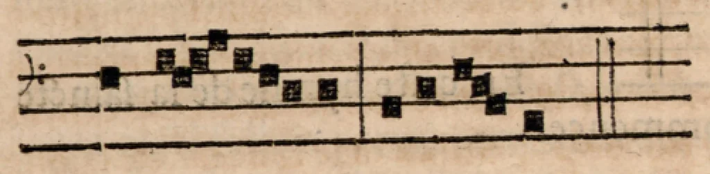 An illustration from Les tons, ou discours, sur les modes de musique, et les tons de l'Eglise, et la distinction entre iceux, de Pierre Maillart valencenois, chantre et chanoine de l'eglise cathedrale de Tournay : divisez en deux parties : ausquelles a esté adjoustée la troisiesme, par ledict autheur, en laquelle se traicte des premiers elements & fondements de la musique., 1610, leaf 85