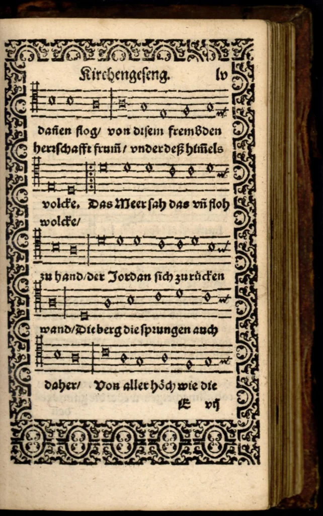 An illustration from Psalmen und geistliche Lieder, welche in den Kirchen unnd Schülen beyder Fürstenthumb Newburg und Zweybrucken gesungen werden. Sampt etlichen Collecten und dem kleinen Catechismo Doctoris Martini Lutheri., 1578, leaf 114