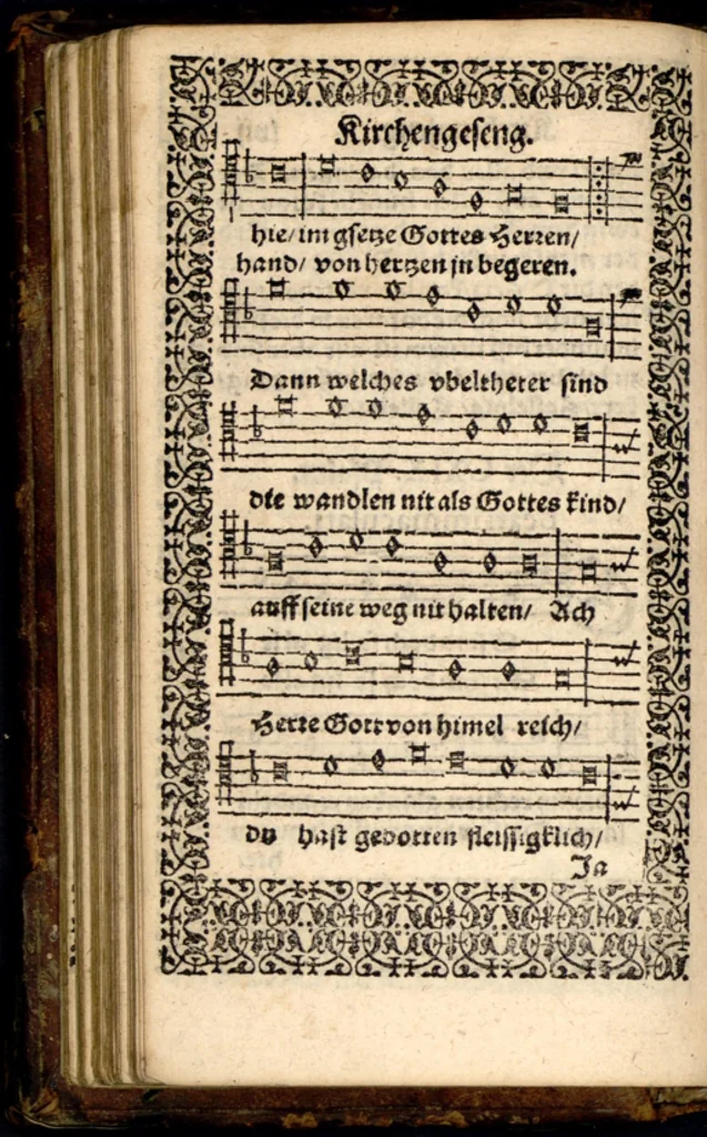 An illustration from Psalmen und geistliche Lieder, welche in den Kirchen unnd Schülen beyder Fürstenthumb Newburg und Zweybrucken gesungen werden. Sampt etlichen Collecten und dem kleinen Catechismo Doctoris Martini Lutheri., 1578, leaf 119
