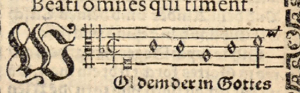 An illustration from Psalmen und geistliche Lieder, welche in den Kirchen unnd Schülen beyder Fürstenthumb Newburg und Zweybrucken gesungen werden. Sampt etlichen Collecten und dem kleinen Catechismo Doctoris Martini Lutheri., 1578, leaf 136