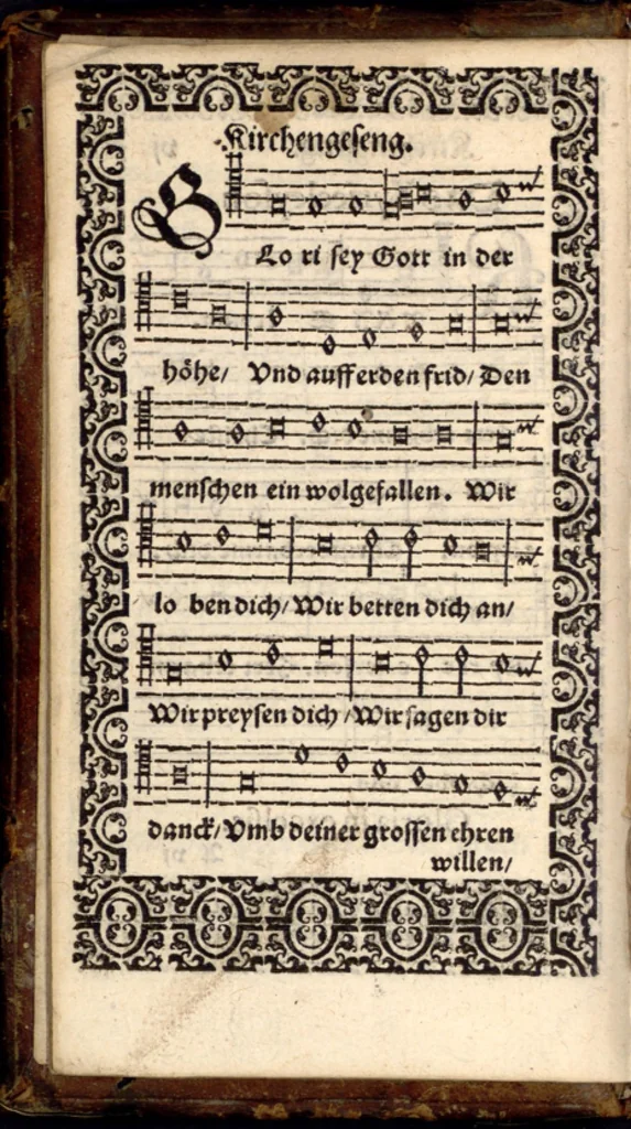 An illustration from Psalmen und geistliche Lieder, welche in den Kirchen unnd Schülen beyder Fürstenthumb Newburg und Zweybrucken gesungen werden. Sampt etlichen Collecten und dem kleinen Catechismo Doctoris Martini Lutheri., 1578, leaf 17