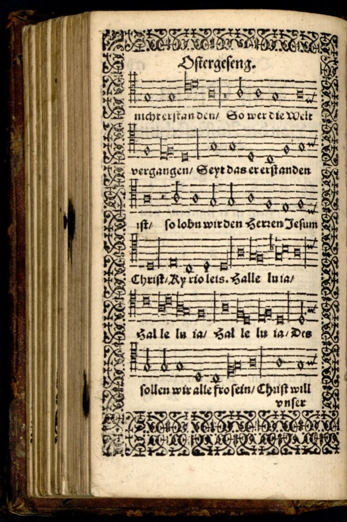 An illustration from Psalmen und geistliche Lieder, welche in den Kirchen unnd Schülen beyder Fürstenthumb Newburg und Zweybrucken gesungen werden. Sampt etlichen Collecten und dem kleinen Catechismo Doctoris Martini Lutheri., 1578, leaf 233