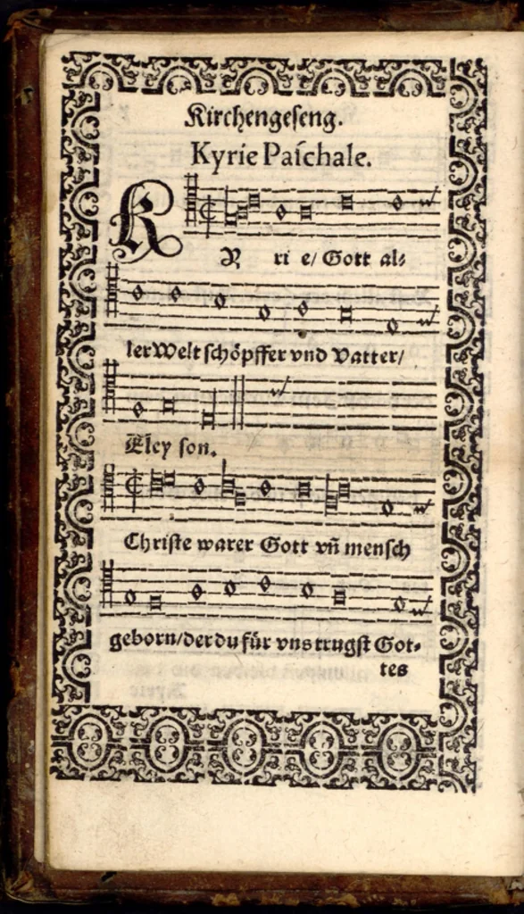 An illustration from Psalmen und geistliche Lieder, welche in den Kirchen unnd Schülen beyder Fürstenthumb Newburg und Zweybrucken gesungen werden. Sampt etlichen Collecten und dem kleinen Catechismo Doctoris Martini Lutheri., 1578, leaf 25