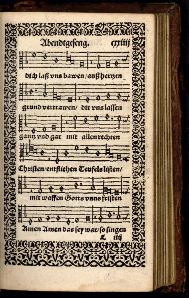 An illustration from Psalmen und geistliche Lieder, welche in den Kirchen unnd Schülen beyder Fürstenthumb Newburg und Zweybrucken gesungen werden. Sampt etlichen Collecten und dem kleinen Catechismo Doctoris Martini Lutheri., 1578, leaf 252