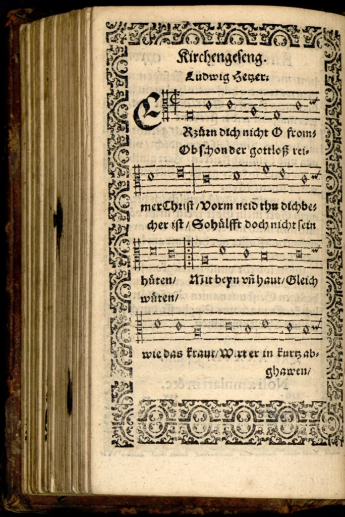 An illustration from Psalmen und geistliche Lieder, welche in den Kirchen unnd Schülen beyder Fürstenthumb Newburg und Zweybrucken gesungen werden. Sampt etlichen Collecten und dem kleinen Catechismo Doctoris Martini Lutheri., 1578, leaf 279