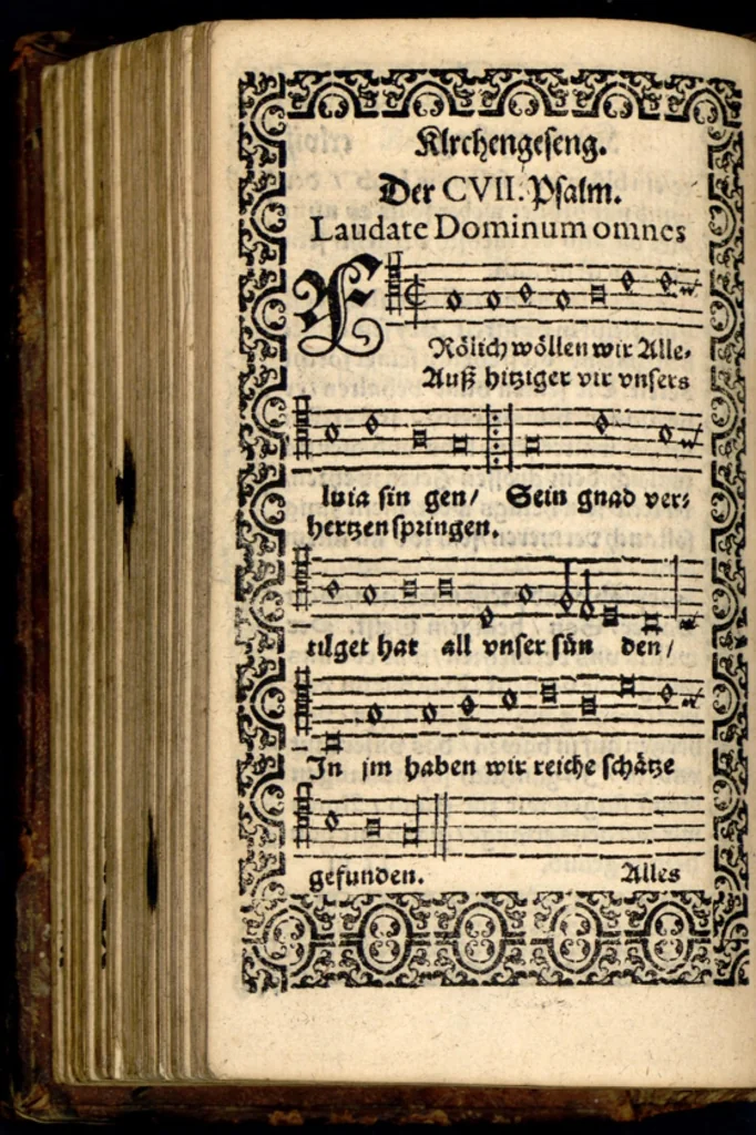 An illustration from Psalmen und geistliche Lieder, welche in den Kirchen unnd Schülen beyder Fürstenthumb Newburg und Zweybrucken gesungen werden. Sampt etlichen Collecten und dem kleinen Catechismo Doctoris Martini Lutheri., 1578, leaf 299