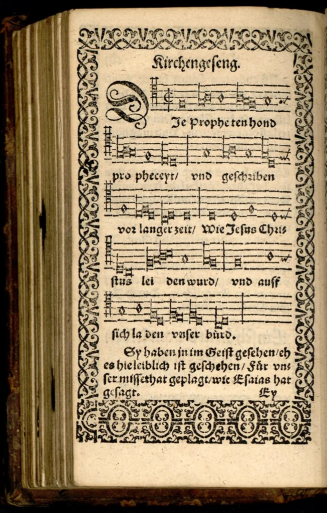 An illustration from Psalmen und geistliche Lieder, welche in den Kirchen unnd Schülen beyder Fürstenthumb Newburg und Zweybrucken gesungen werden. Sampt etlichen Collecten und dem kleinen Catechismo Doctoris Martini Lutheri., 1578, leaf 309