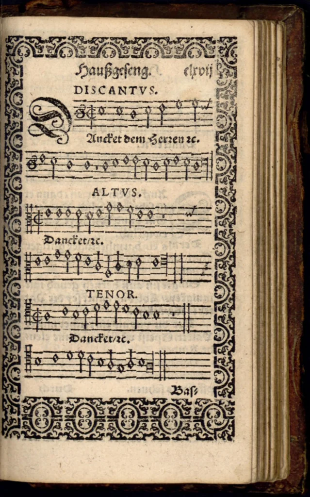 An illustration from Psalmen und geistliche Lieder, welche in den Kirchen unnd Schülen beyder Fürstenthumb Newburg und Zweybrucken gesungen werden. Sampt etlichen Collecten und dem kleinen Catechismo Doctoris Martini Lutheri., 1578, leaf 338