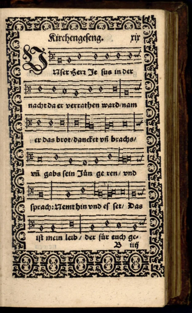 An illustration from Psalmen und geistliche Lieder, welche in den Kirchen unnd Schülen beyder Fürstenthumb Newburg und Zweybrucken gesungen werden. Sampt etlichen Collecten und dem kleinen Catechismo Doctoris Martini Lutheri., 1578, leaf 42