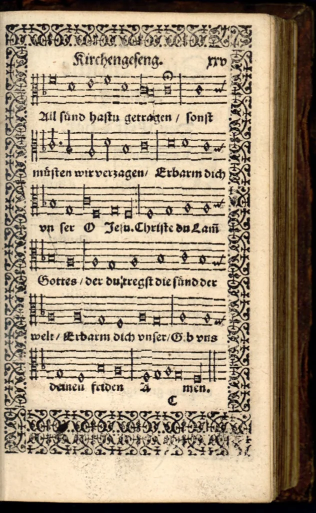 An illustration from Psalmen und geistliche Lieder, welche in den Kirchen unnd Schülen beyder Fürstenthumb Newburg und Zweybrucken gesungen werden. Sampt etlichen Collecten und dem kleinen Catechismo Doctoris Martini Lutheri., 1578, leaf 54