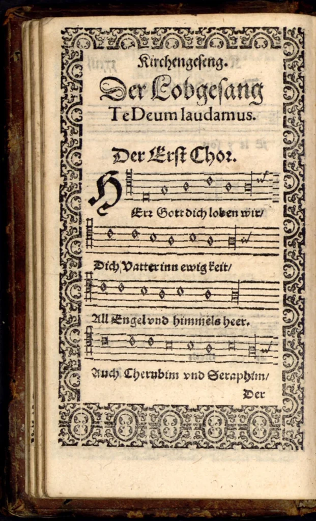 An illustration from Psalmen und geistliche Lieder, welche in den Kirchen unnd Schülen beyder Fürstenthumb Newburg und Zweybrucken gesungen werden. Sampt etlichen Collecten und dem kleinen Catechismo Doctoris Martini Lutheri., 1578, leaf 71