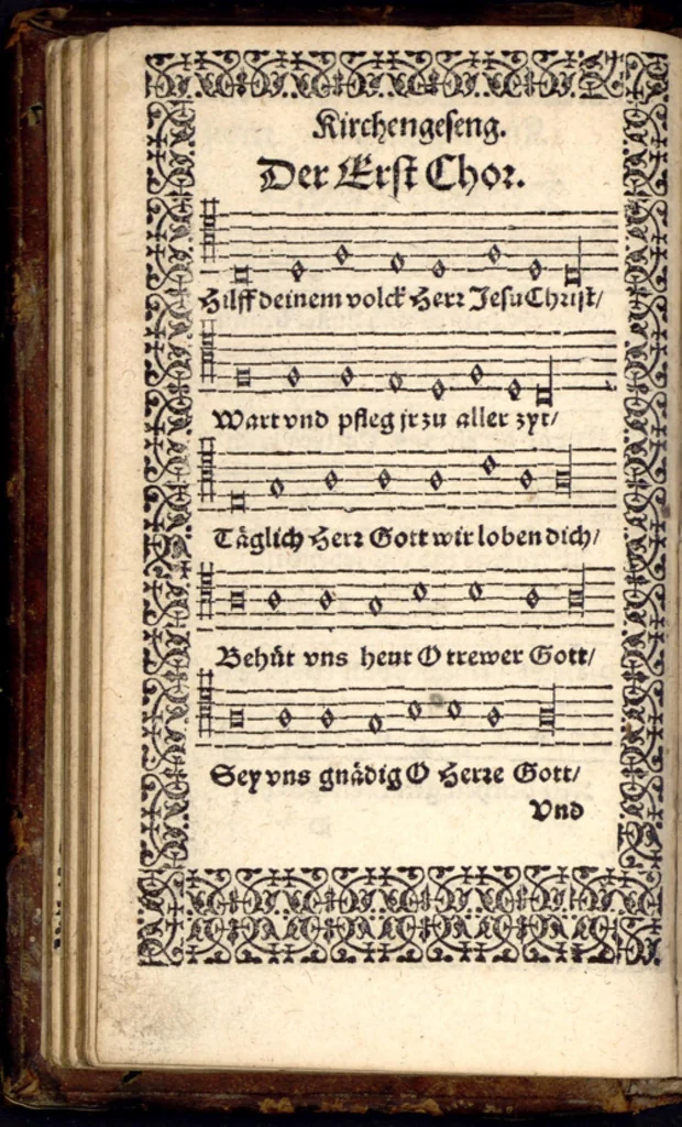 An illustration from Psalmen und geistliche Lieder, welche in den Kirchen unnd Schülen beyder Fürstenthumb Newburg und Zweybrucken gesungen werden. Sampt etlichen Collecten und dem kleinen Catechismo Doctoris Martini Lutheri., 1578, leaf 79