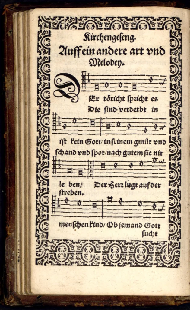 An illustration from Psalmen und geistliche Lieder, welche in den Kirchen unnd Schülen beyder Fürstenthumb Newburg und Zweybrucken gesungen werden. Sampt etlichen Collecten und dem kleinen Catechismo Doctoris Martini Lutheri., 1578, leaf 93