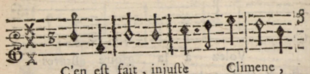 An illustration from Parodies bachiques, sur les airs et symphonies des opera. Recueillies & mises en ordre par Monsieur Ribon [sic]. Seconde edition, revûë & augmentée., 1696, leaf 309