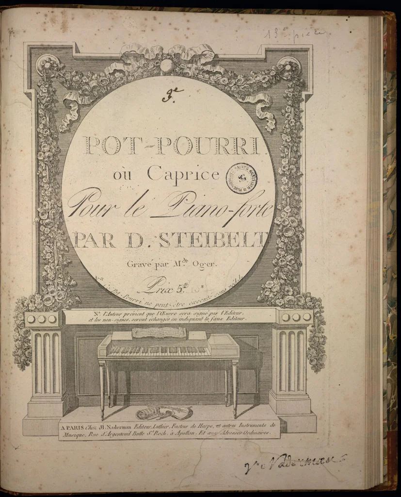 An illustration from 3e pot-pourri où caprice pour le piano-forte par D. Steibelt. Gravé par M.de Oger., 1700, leaf 10