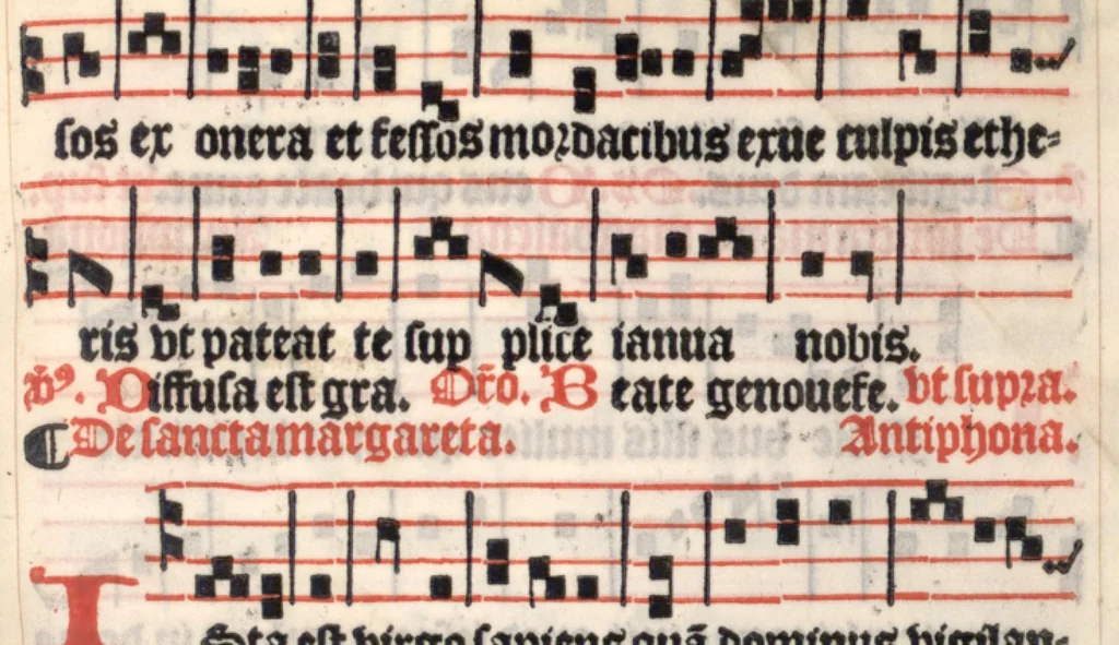 An illustration from Processionale recens emendatum, juxta ritum insignis ecclesie et diocesis Parisiensis. Quod quidem complectitur et continet ea que in processionibus per totum anni curriculum sunt cantanda., 1556, leaf 218