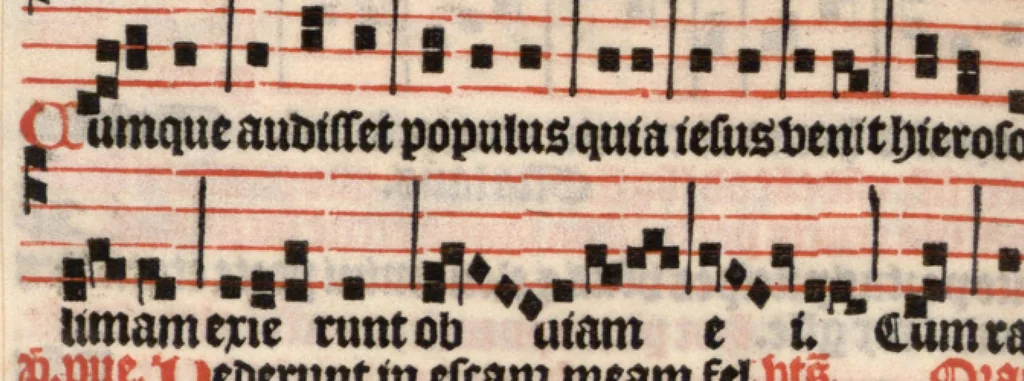An illustration from Processionale recens emendatum, juxta ritum insignis ecclesie et diocesis Parisiensis. Quod quidem complectitur et continet ea que in processionibus per totum anni curriculum sunt cantanda., 1556, leaf 51