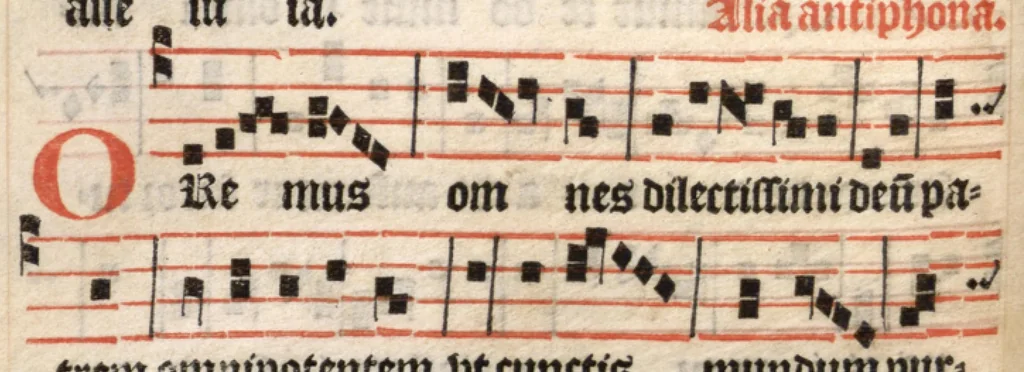 An illustration from Processionale recens emendatum, juxta ritum insignis ecclesie et diocesis Parisiensis. Quod quidem complectitur et continet ea que in processionibus per totum anni curriculum sunt cantanda., 1556, leaf 83